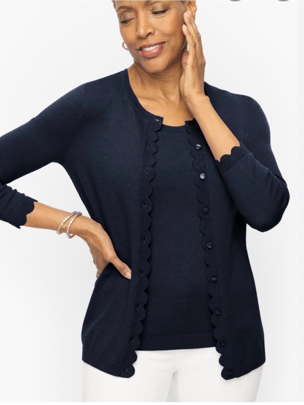 Talbots Cotton Blend 3/4 Sleeve Charming Navy Cardigan with Scalloped Edge SP